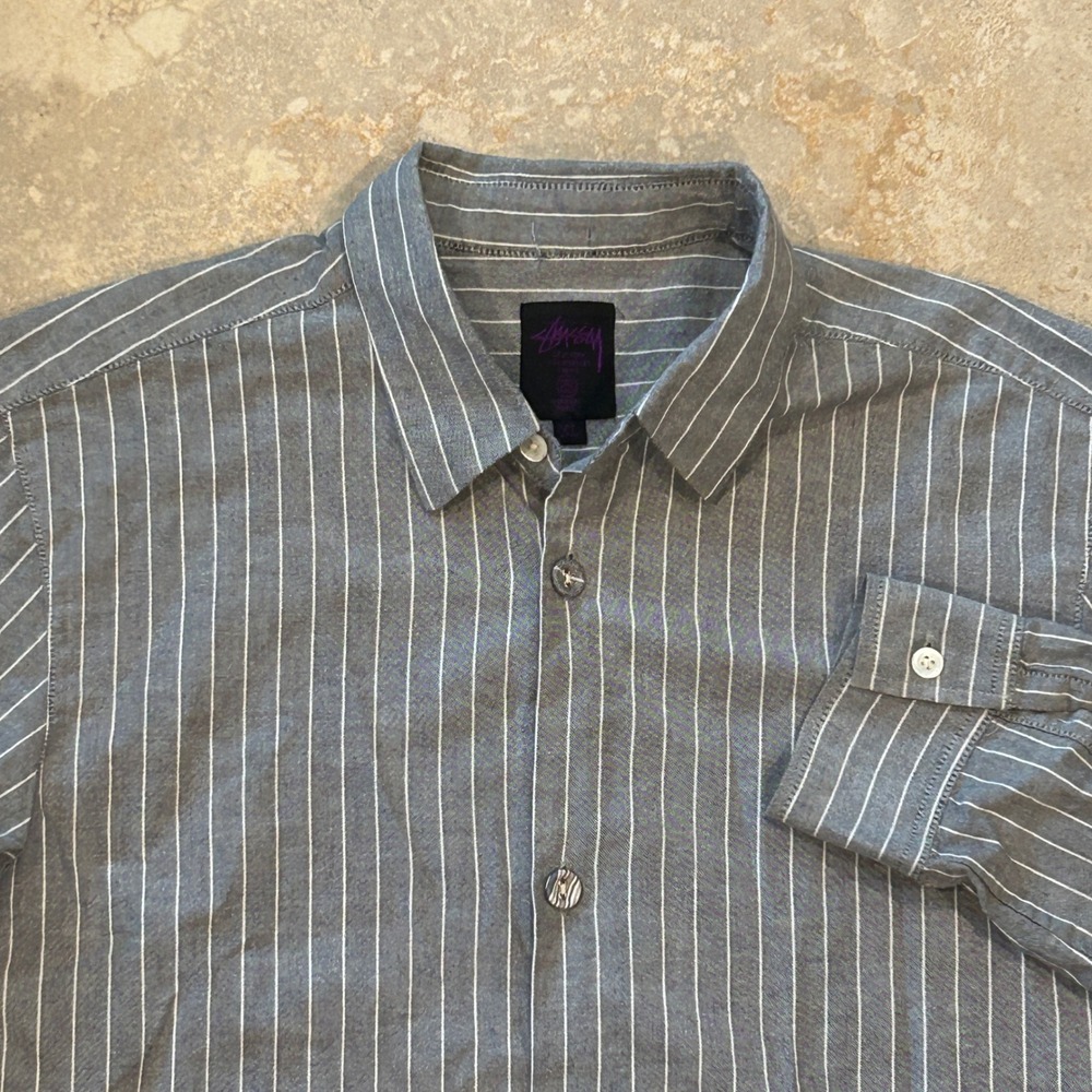 Vintage Stussy‎ Long Sleeve Mens XL Grey Striped Button Up Shirt Cotton USA